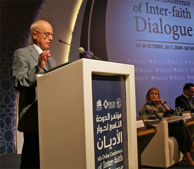 Dr. Hans Koechler speaking at the Ninth Doha Interfaith Conference, Al-Dafna Hall, Sheraton Hotel, Doha, Qatar, 25 October 2011